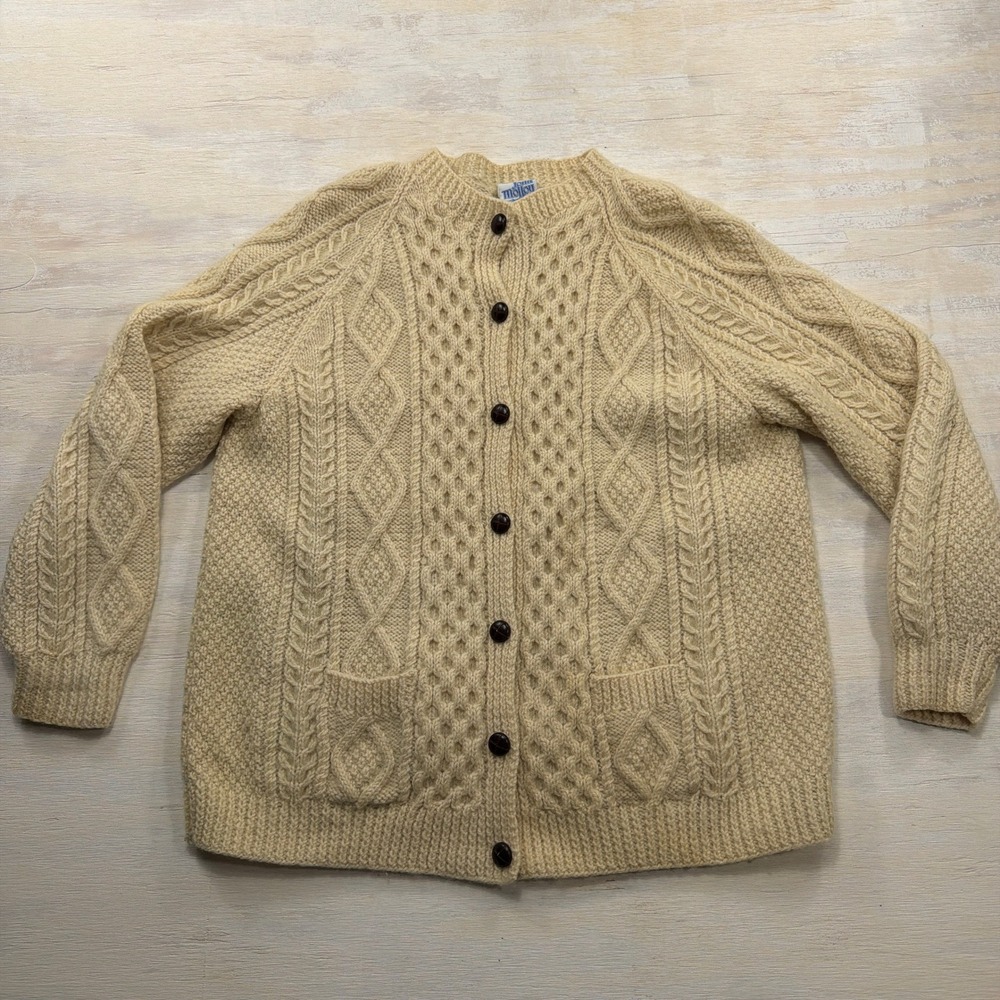 John Molloy Cardigan Handknit Aran Cable Knit Wool Cream Women Large